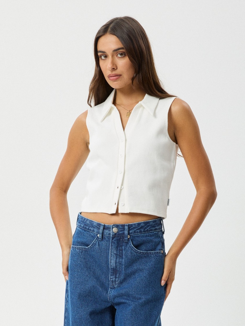 Afends Sleeveless Collared Button-Front Knit Top - White Organic Brand New
